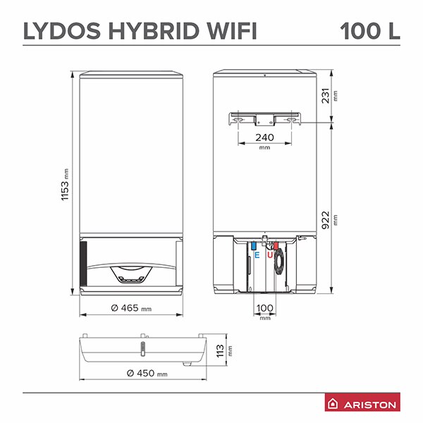 Boiler electric cu pompa de caldura ARISTON Lydos Hybrid, Wi-Fi, 100l, 1200W, alb