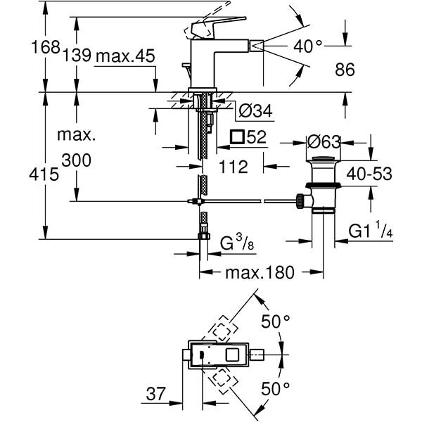 Baterie bideu GROHE Eurocube 23138000, metal, crom