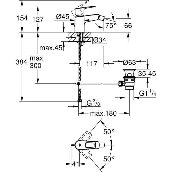 Baterie bideu GROHE Bauloop 23338001, marimea S, alama, argintiu