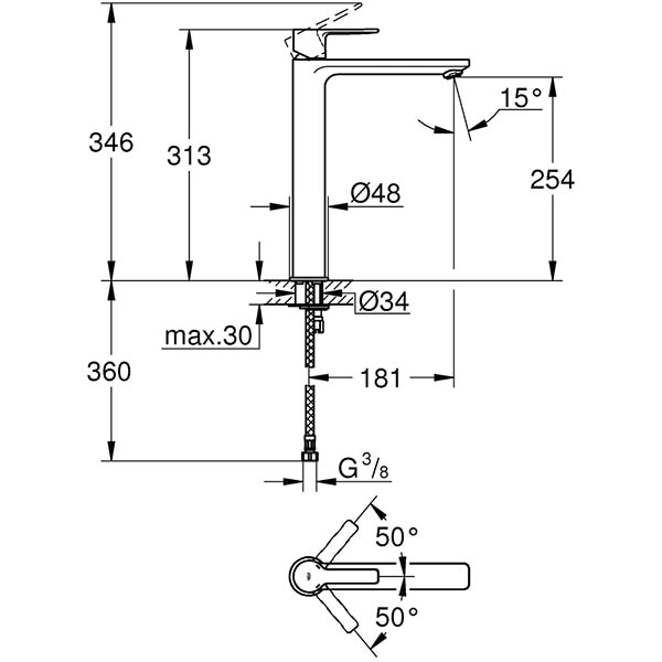 Baterie lavoar GROHE Linear 23405001, marimea XL, metal, argintiu