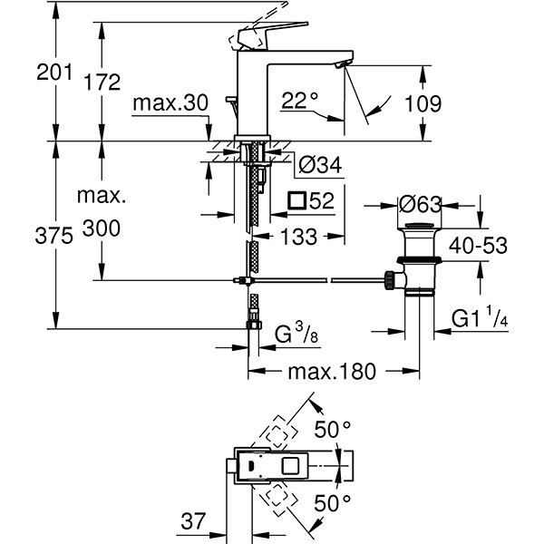 Baterie lavoar GROHE Eurocube 23445000, marimea M, metal, argintiu