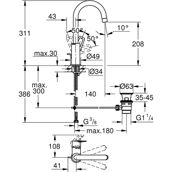 Baterie lavoar GROHE Bauloop 23763001, marimea L, alama, argintiu
