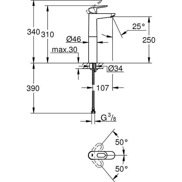 Baterie lavoar GROHE Bauloop 23764000, marimea XL, metal, argintiu