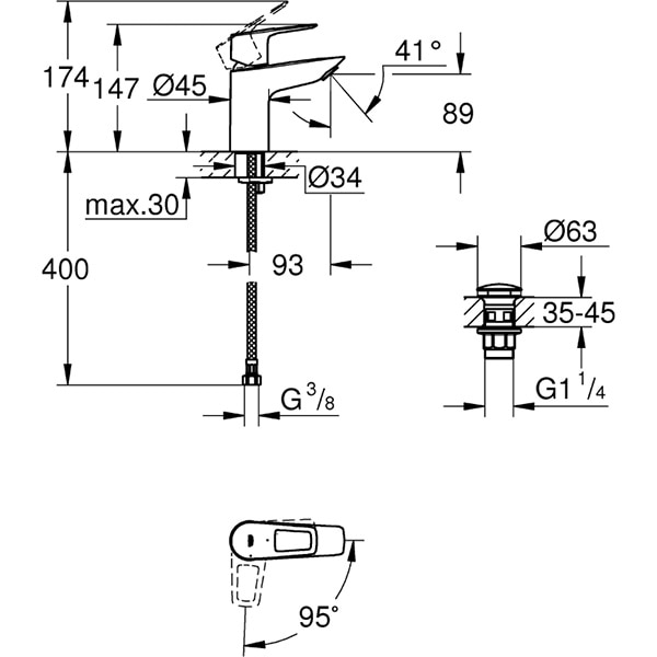 Baterie lavoar GROHE Bauloop 23883001, marimea S, alama, argintiu