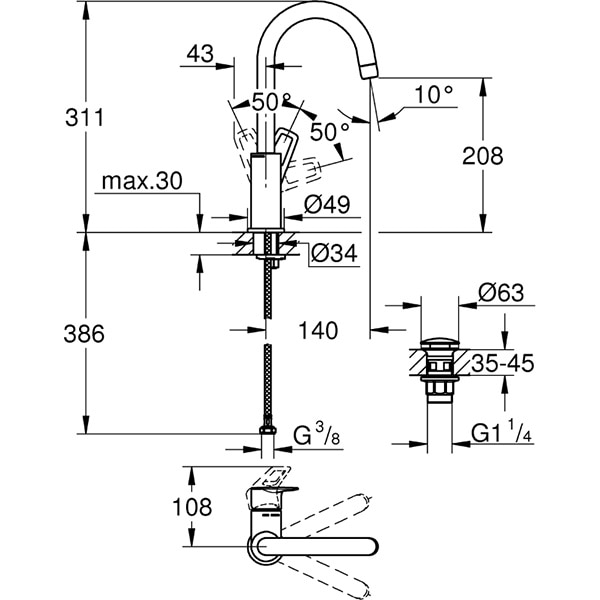 Baterie lavoar GROHE Bauloop 23891001, marimea L, alama, argintiu