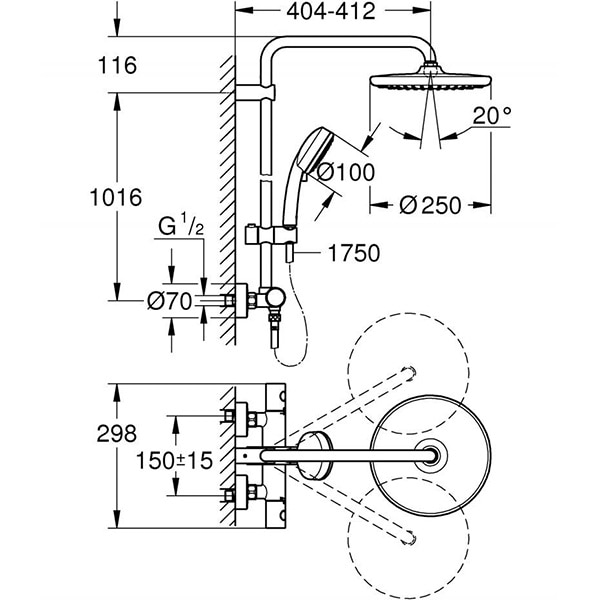 Sistem dus GROHE Tempesta Cosmopolitan 250 26670000, termostat, 2 functii, crom