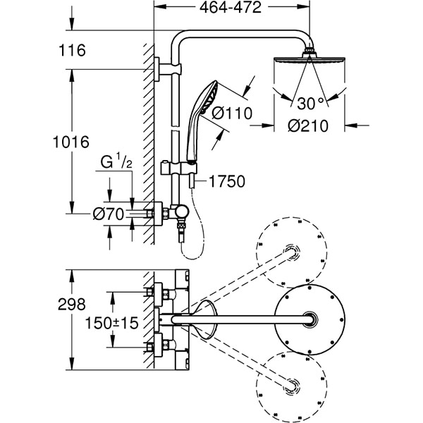 Sistem dus GROHE Vitalio Joy 210 27965000, termostat, 3 functii, argintiu