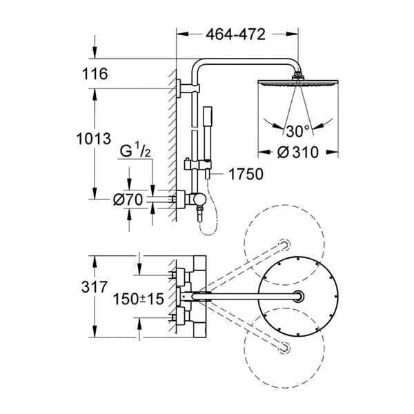 Sistem dus GROHE Rainshower 310 27966000, termostat, 1 functie, argintiu