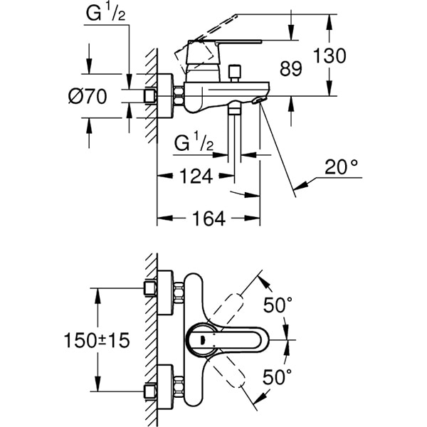 Baterie cada-dus GROHE Get 32887000, alama, argintiu