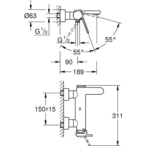 Baterie cada-dus GROHE Plus 33553003, metal, crom