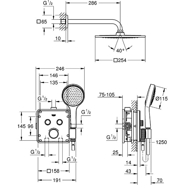 Sistem dus incastrat GROHE Grohtherm SmartControl 2S 34742000, termostat, 2 functii, argintiu