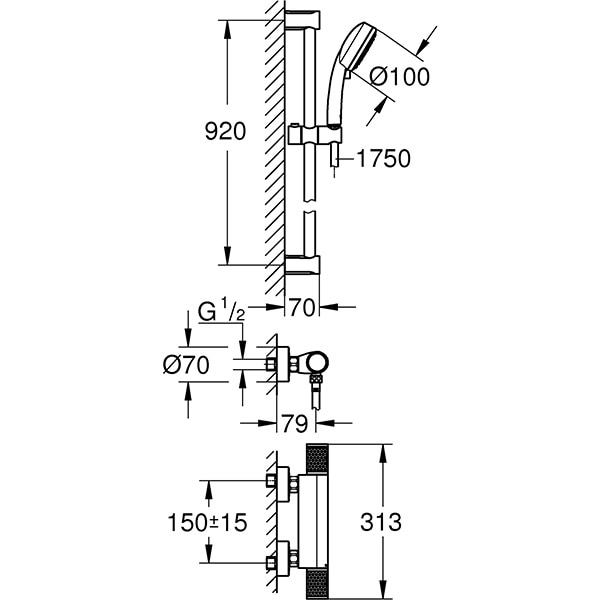 Set baterie dus GROHE Grohtherm 1000 Performance 34784000, termostat, 2 functii, crom