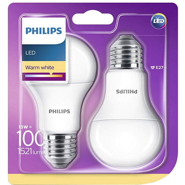 Set 2 becuri LED PHILIPS 8718696586099, E27, 13W, lumina calda
