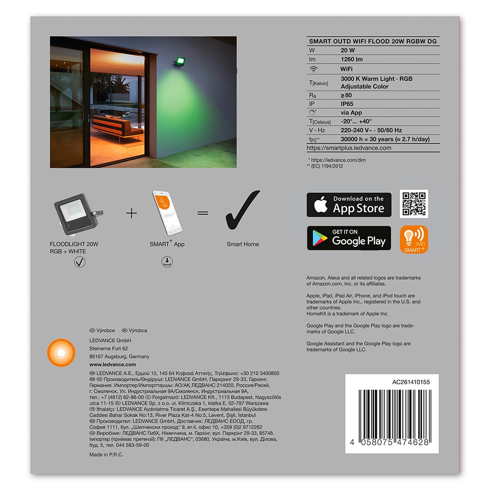 Proiector LED Smart LEDVANCE FLOOD, 20W, 1260 lumeni, RGB, gri inchis