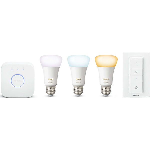 Kit 3 becuri LED Smart PHILIPS Hue A60 (60W), E27, 9.5W, 806lm, Wi-Fi, lumina variabila  + Consola + Intrerupator cu variator