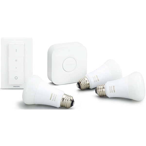Kit 3 becuri LED Smart PHILIPS Hue A60 (60W), E27, 9.5W, 806lm, Wi-Fi, lumina variabila  + Consola + Intrerupator cu variator