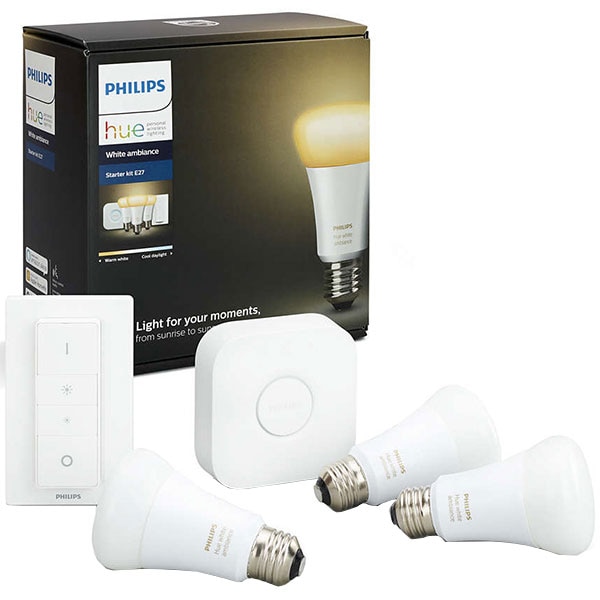 Kit 3 becuri LED Smart PHILIPS Hue A60 (60W), E27, 9.5W, 806lm, Wi-Fi, lumina variabila  + Consola + Intrerupator cu variator