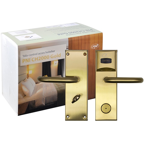 Yala control acces hotelier PNI CH2000R, cu cititor de card, deschidere dreapta, auriu