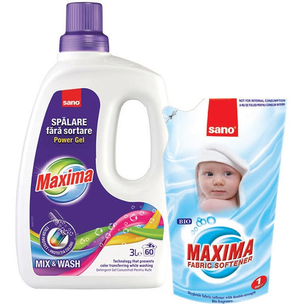 Pachet detergent lichid SANO Maxima Mix & Shine, 3 l + Rezerva balsam rufe SANO Maxima Fabric Softener, 1 l