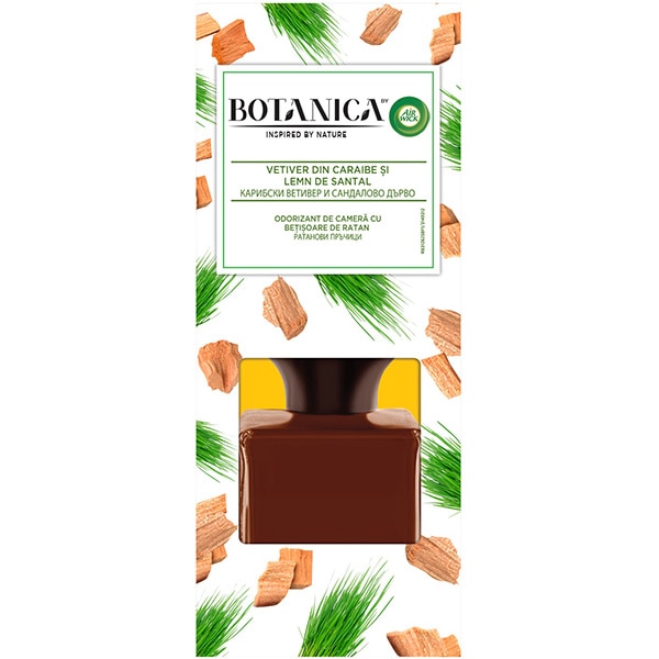 Odorizant cu betisoare AIR WICK Botanica, Vetiver din Caraibe si Lemn de Santal, 80 ml