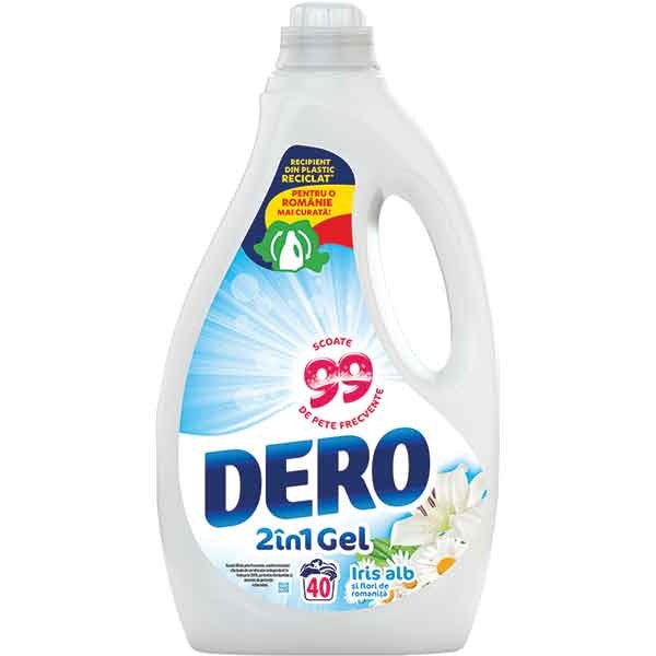 Detergent lichid DERO 2in1, Iris alb si flori de romanita, 2 l, 40 spalari