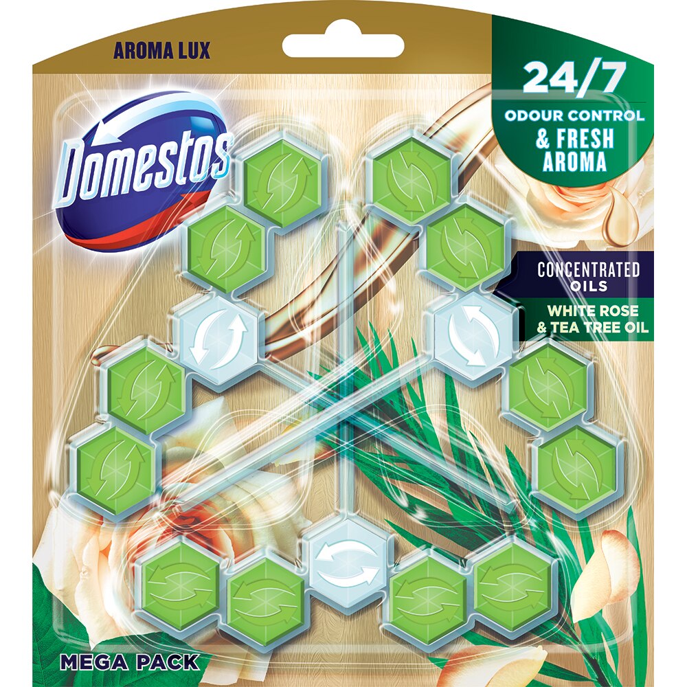 Odorizant toaleta DOMESTOS Aromalux White Rose & Tea Tree Oil, 3 x 55g