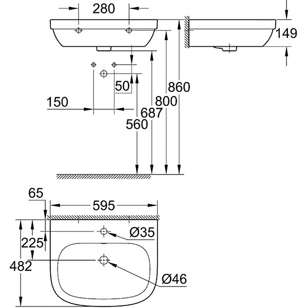 Chiuveta baie GROHE Euro Ceramic 39335000, montare pe perete, 59.5 x 48.2 cm, alb
