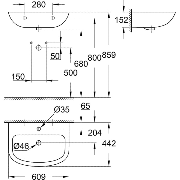 Chiuveta baie GROHE Bau Ceramic 39421000, montare pe perete, 60.9 x 44.2 cm, alb