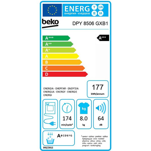 Uscator de rufe BEKO DPY8506GXB1, Pompa de caldura, 8 kg, 15 programe, Clasa A+++, alb