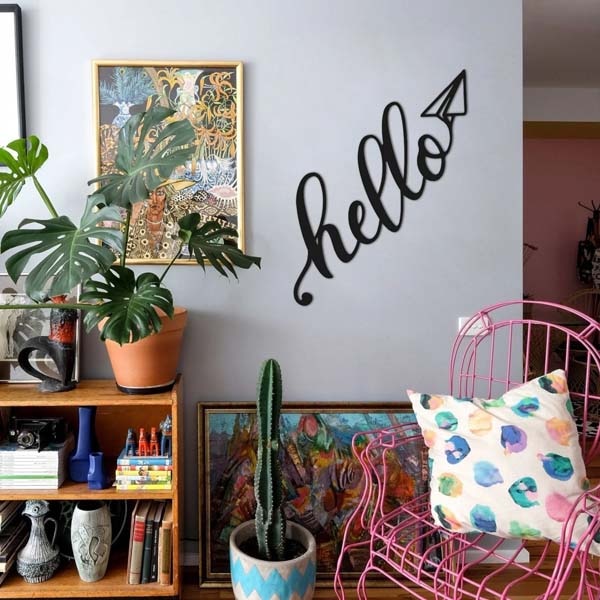 Decoratiune perete Hello Metal, 85 x 31 cm, metal, negru