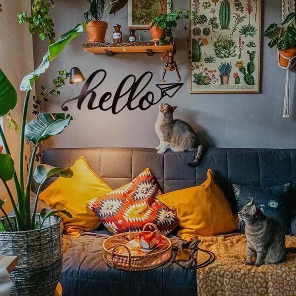 Decoratiune perete Hello Metal, 85 x 31 cm, metal, negru