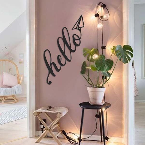 Decoratiune perete Hello Metal, 85 x 31 cm, metal, negru