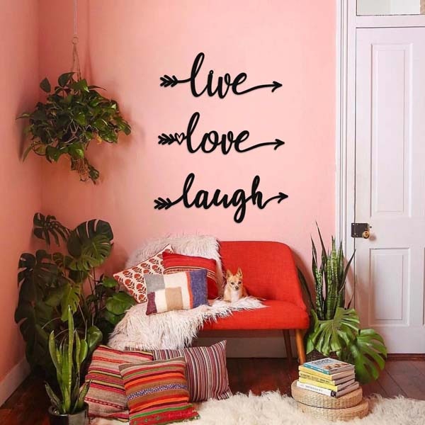 Decoratiune perete Live Love Laugh, 55 x 20 cm, metal, negru