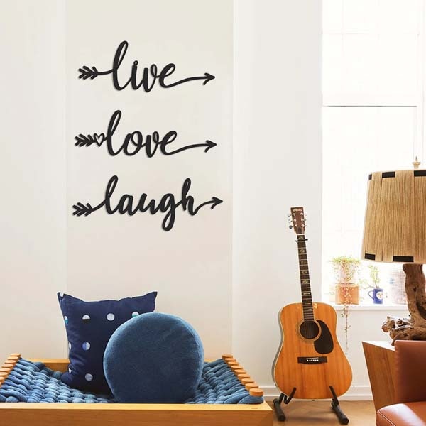 Decoratiune perete Live Love Laugh, 55 x 20 cm, metal, negru