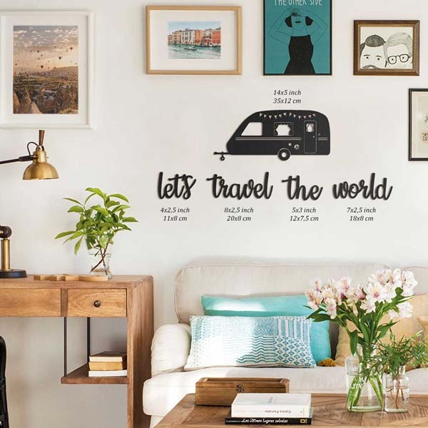 Decoratiune perete Let's Travel The World, 20 x 8 cm, metal, negru