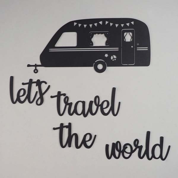 Decoratiune perete Let's Travel The World, 20 x 8 cm, metal, negru