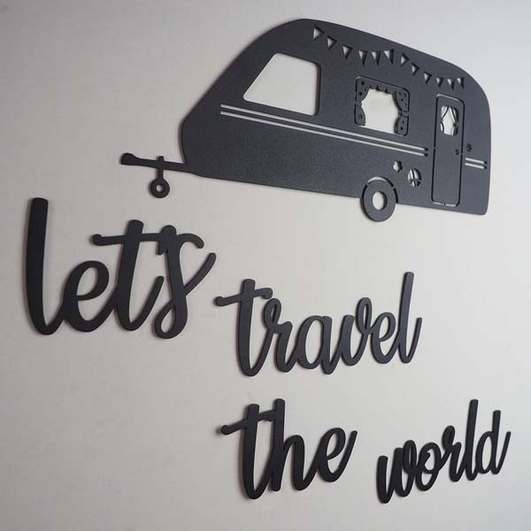 Decoratiune perete Let's Travel The World, 20 x 8 cm, metal, negru