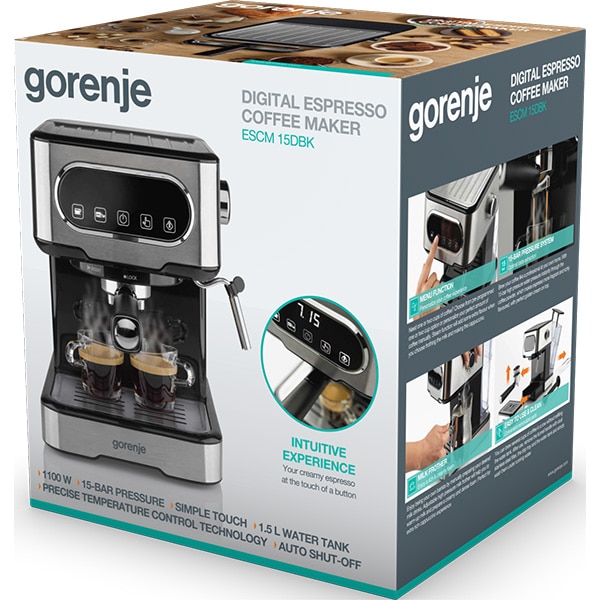 Espressor manual GORENJE ESCM15DBK, 1.5l, 1100W, 15 bar, sistem Cappuccino, negru-argintiu