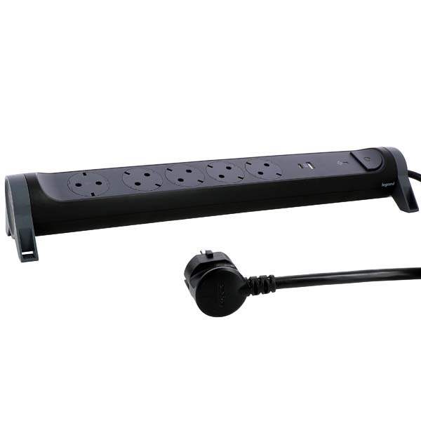 Prelungitor cu protectie LEGRAND L694514, 5 prize, 1 x USB, 1.5m, negru-gri inchis