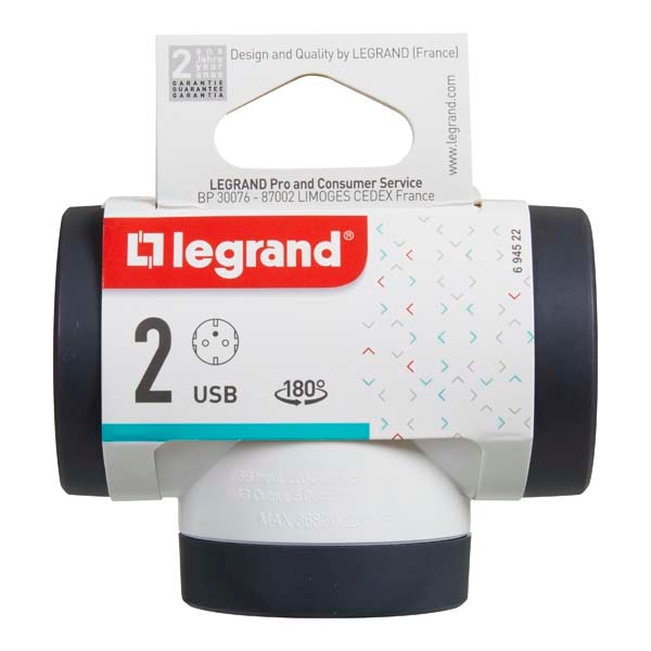 Adaptor priza LEGRAND L694522, 2 prize, 2 x USB, alb-gri inchis