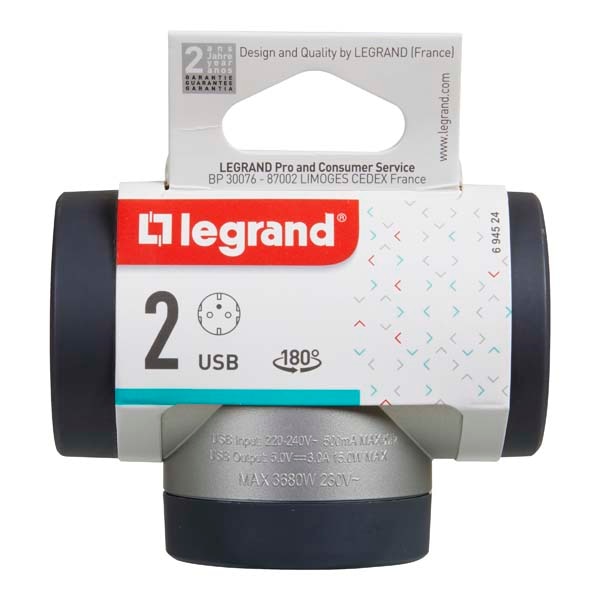 Adaptor priza LEGRAND L694524, 2 prize, 2 x USB, gri inchis