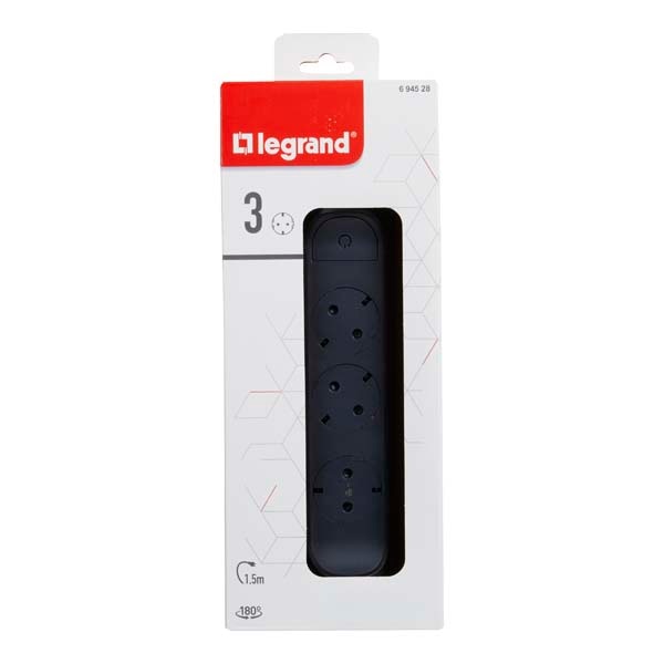 Prelungitor cu protectie LEGRAND L694528, 3 prize, 1.5m, negru-gri inchis