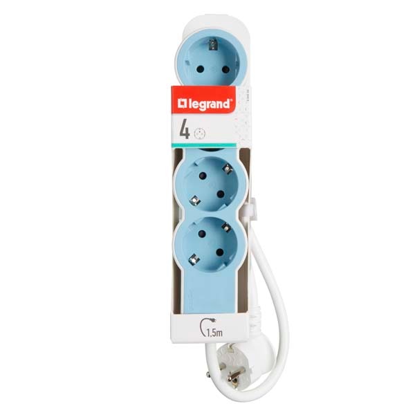 Prelungitor cu protectie LEGRAND L694554, 4 prize, 1.5m, alb-albastru