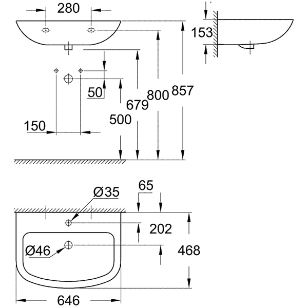 Chiuveta baie GROHE Bau Ceramic 39420000, montare pe perete, 64.6 x 46.8 cm, alb