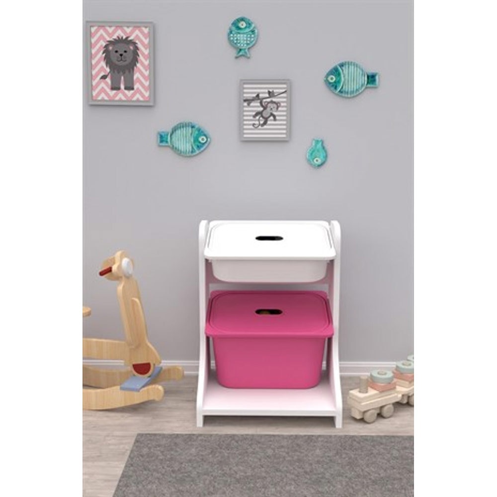 Dulap cutii depozitare OLIVYA, 44 x 35 x 60 cm, alb-roz, 2 cutii