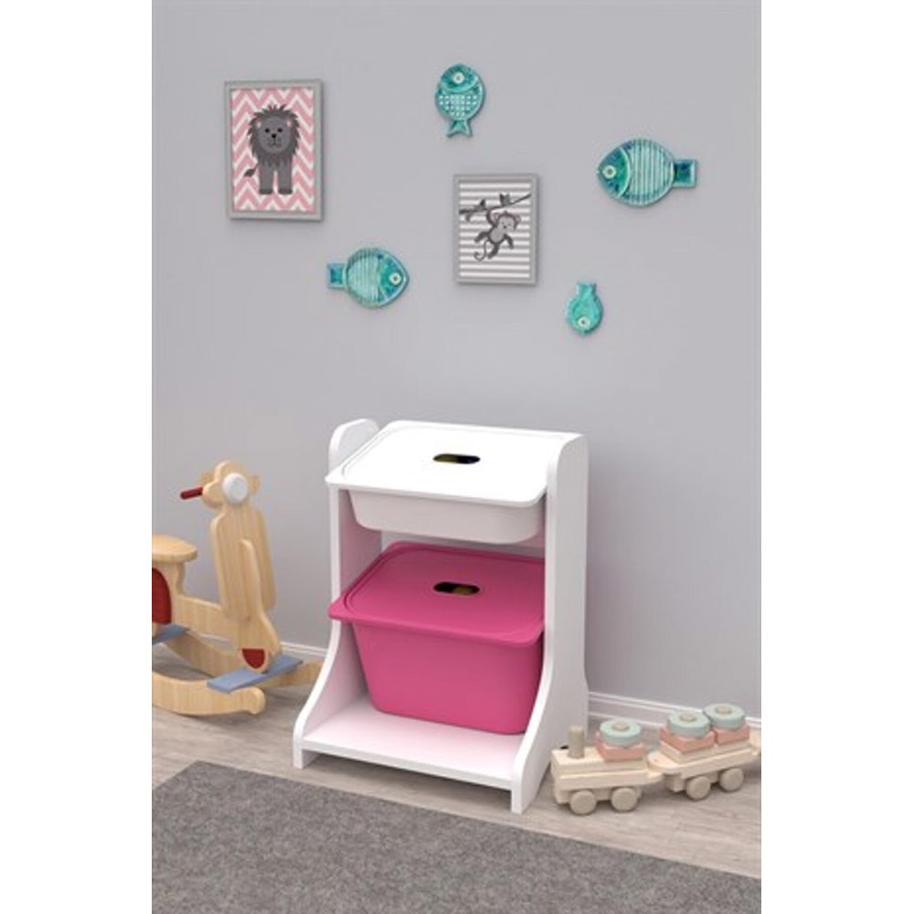 Dulap cutii depozitare OLIVYA, 44 x 35 x 60 cm, alb-roz, 2 cutii