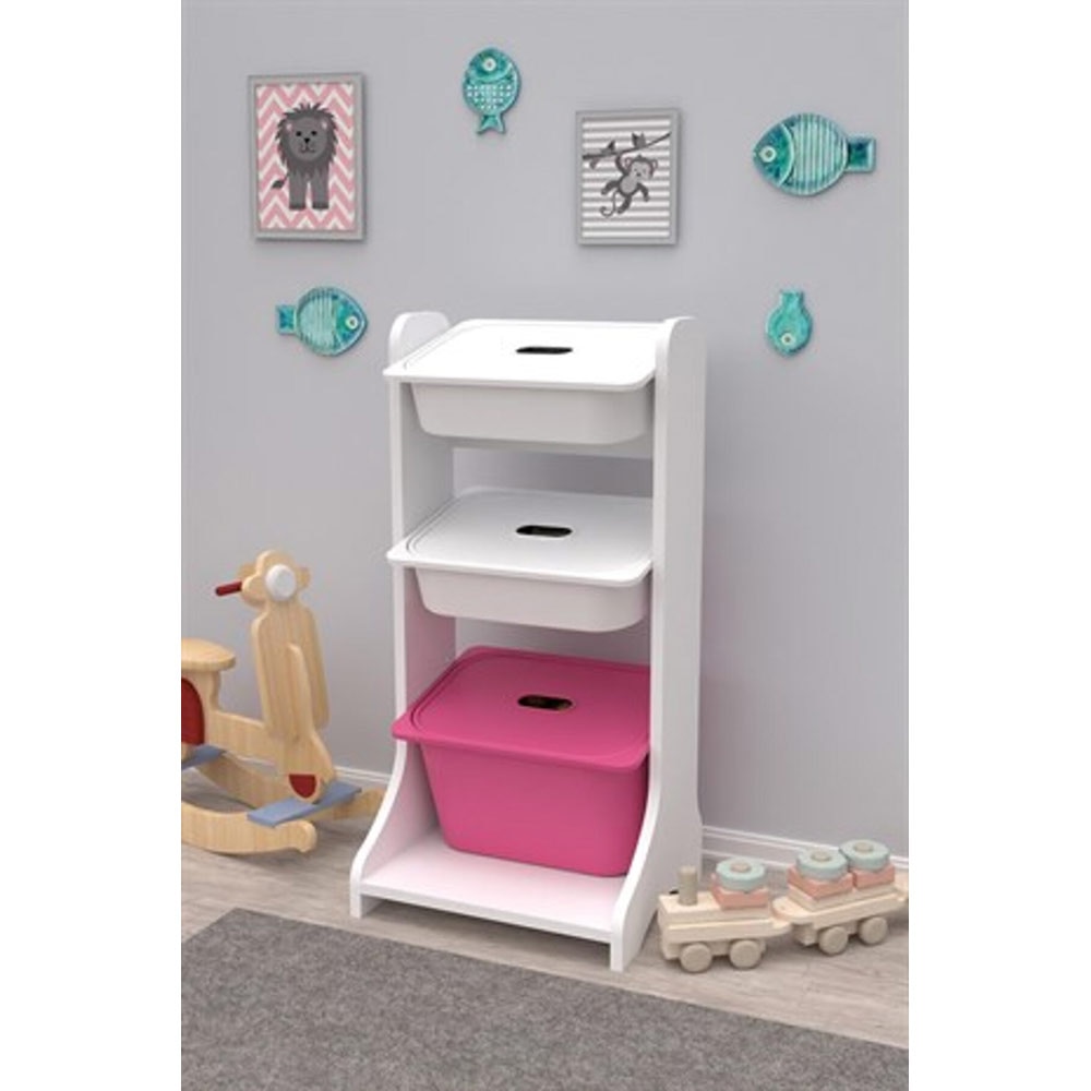 Dulap cutii depozitare NOIR, 44 x 35 x 90 cm, alb-roz, 3 cutii