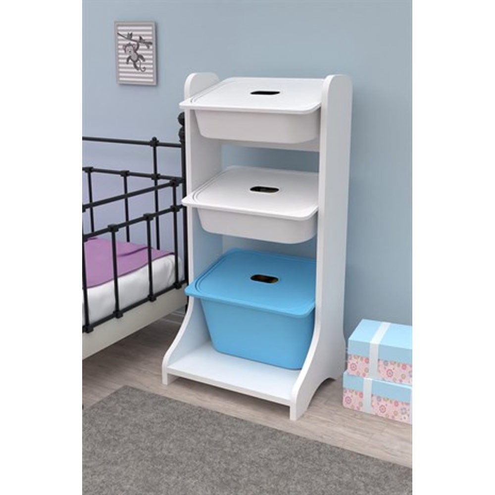 Dulap cutii depozitare NOIR, 44 x 35 x 90 cm, alb-albastru, 3 cutii