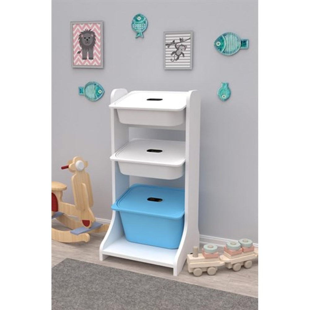 Dulap cutii depozitare NOIR, 44 x 35 x 90 cm, alb-albastru, 3 cutii