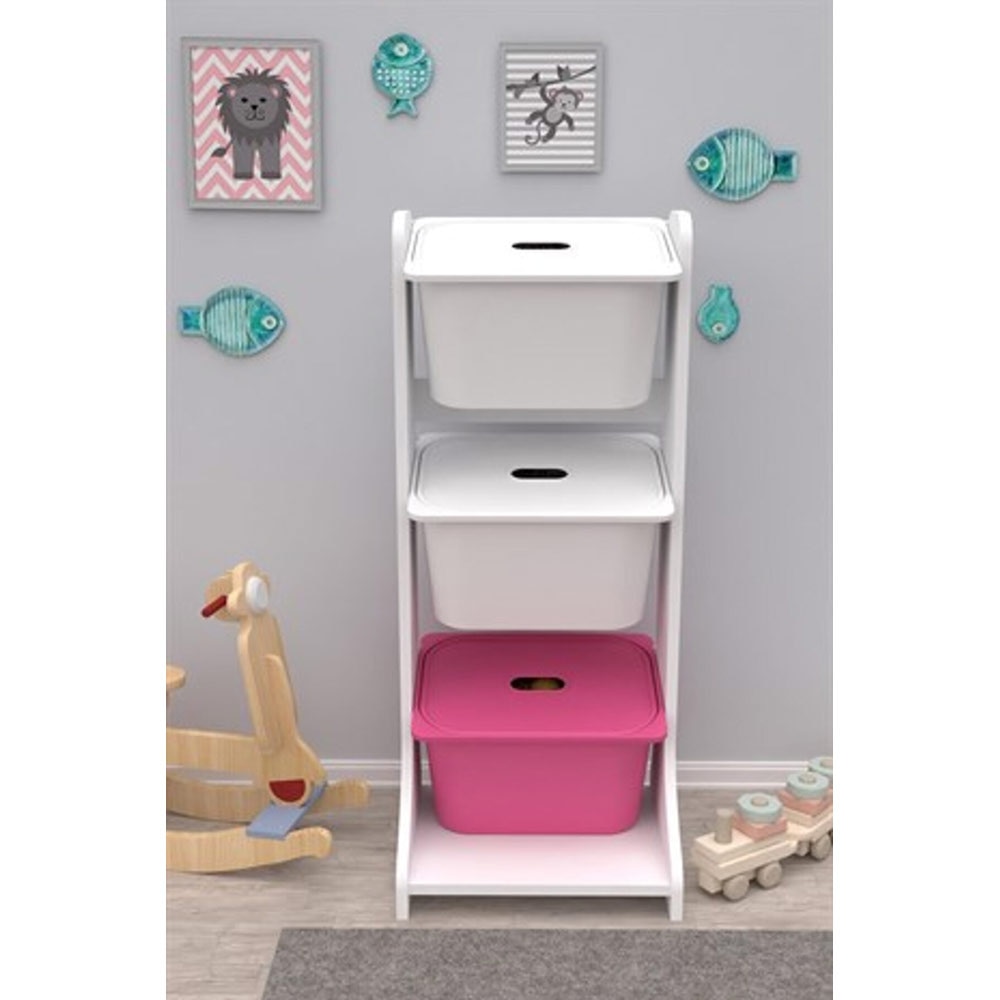 Dulap cutii depozitare TIVOLI, 44 x 35 x 107 cm, alb-roz, 3 cutii